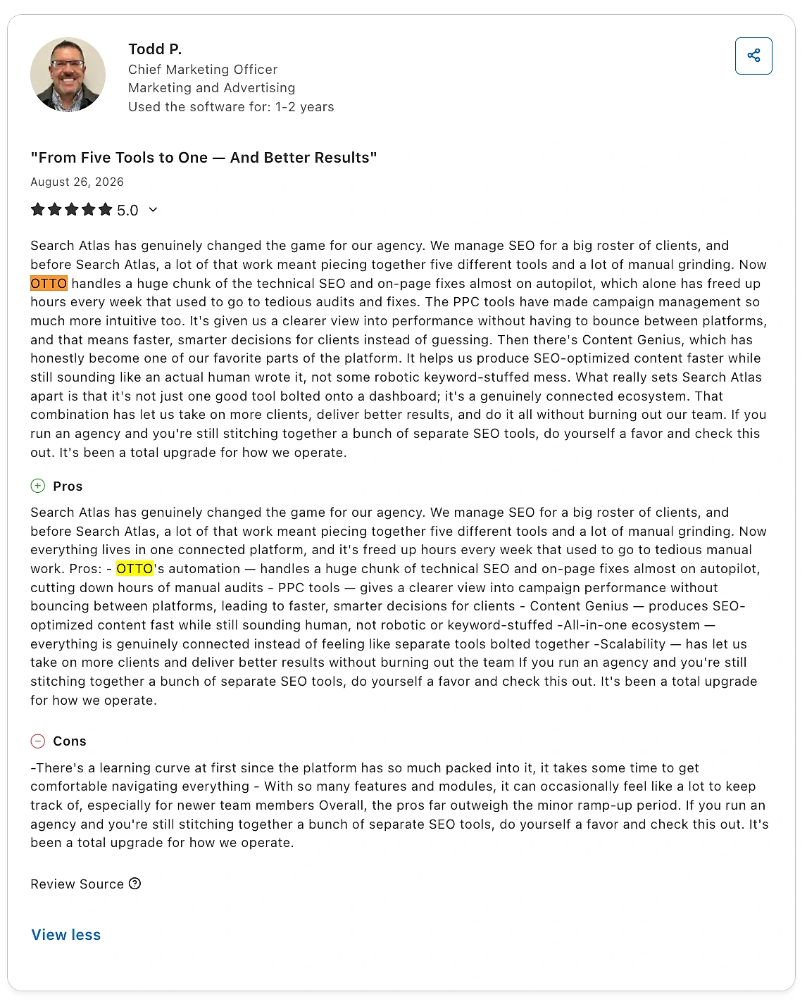 A five-star Search Atlas review on Capterra