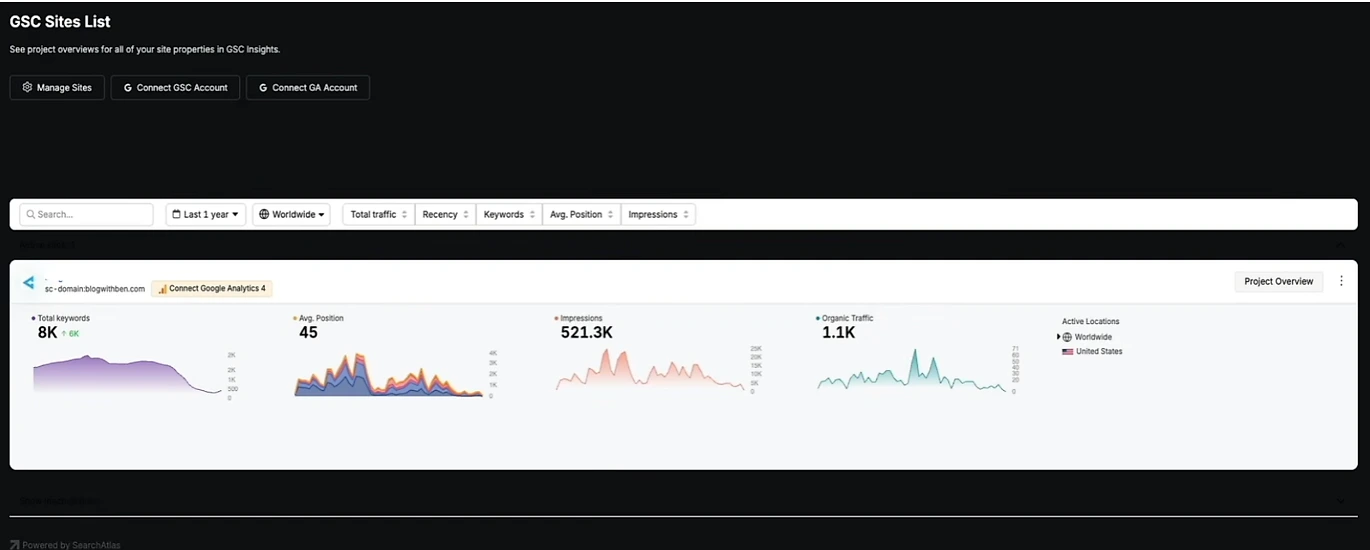 Search Console sites list in Search Atlas after connecting
