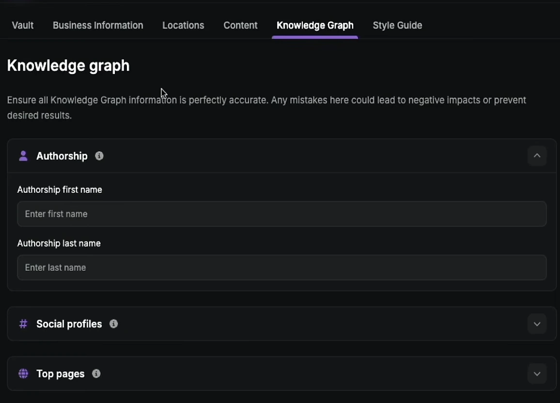 Search Atlas Knowledge Graph settings for authorship, social profiles and top pages