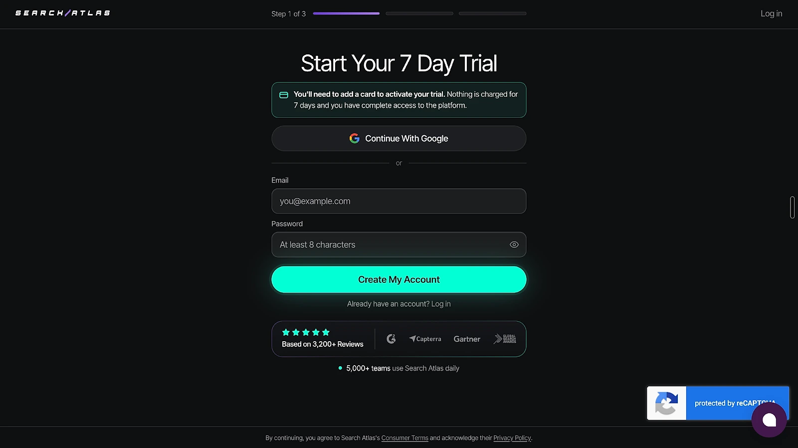 Search Atlas 7-day free trial signup, which needs a card