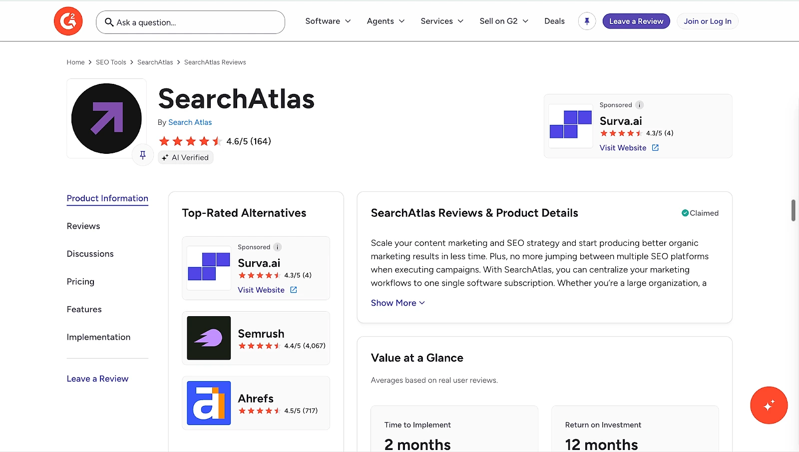 Search Atlas rated 4.6 from 164 reviews on G2
