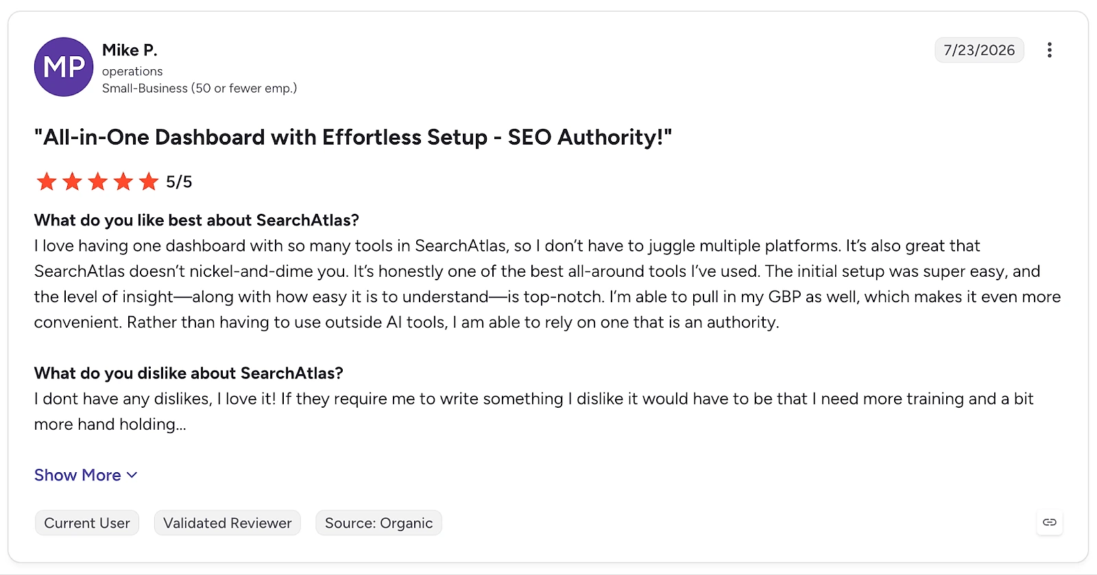 A five-star Search Atlas review on G2