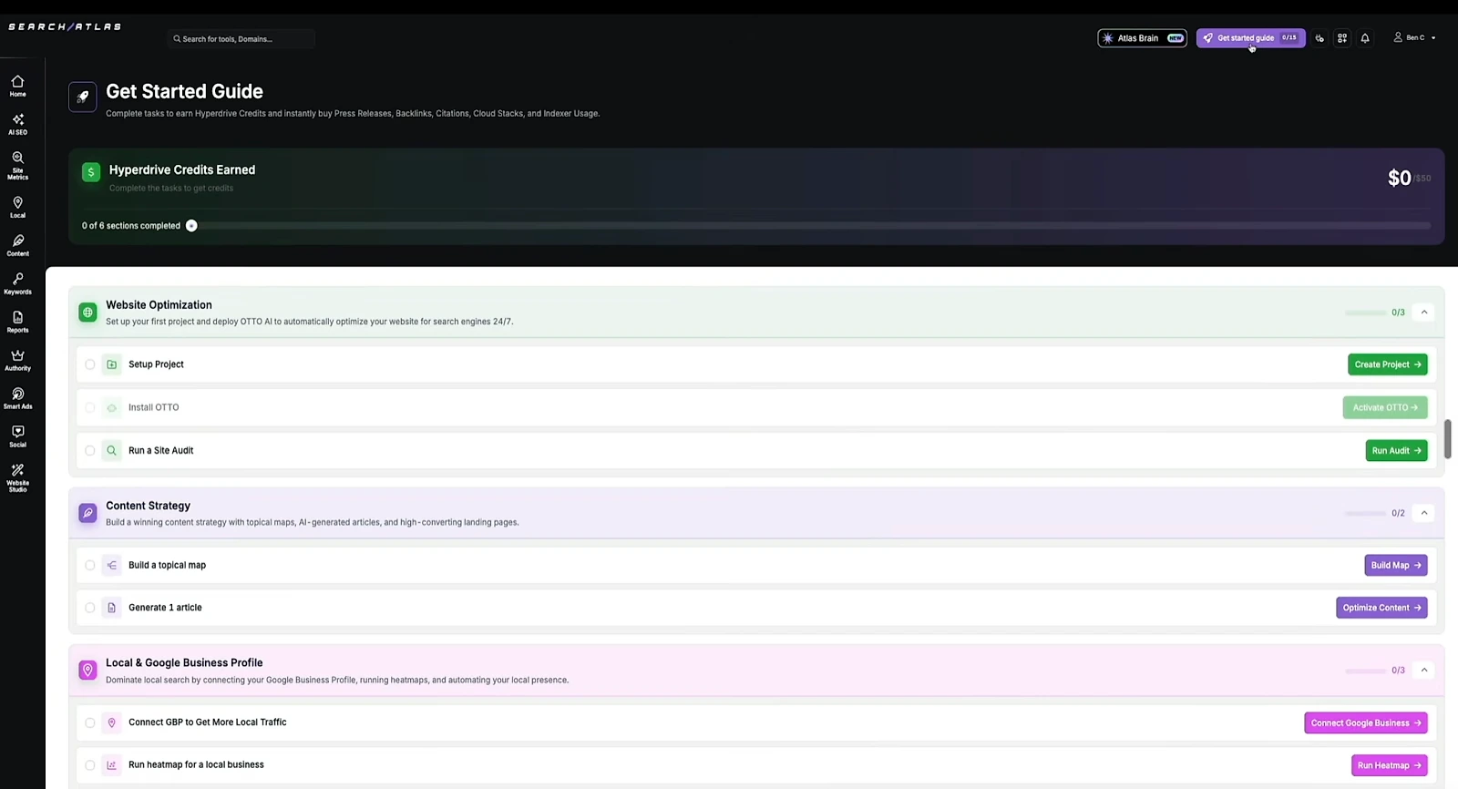 The six sections of the Search Atlas Get Started guide