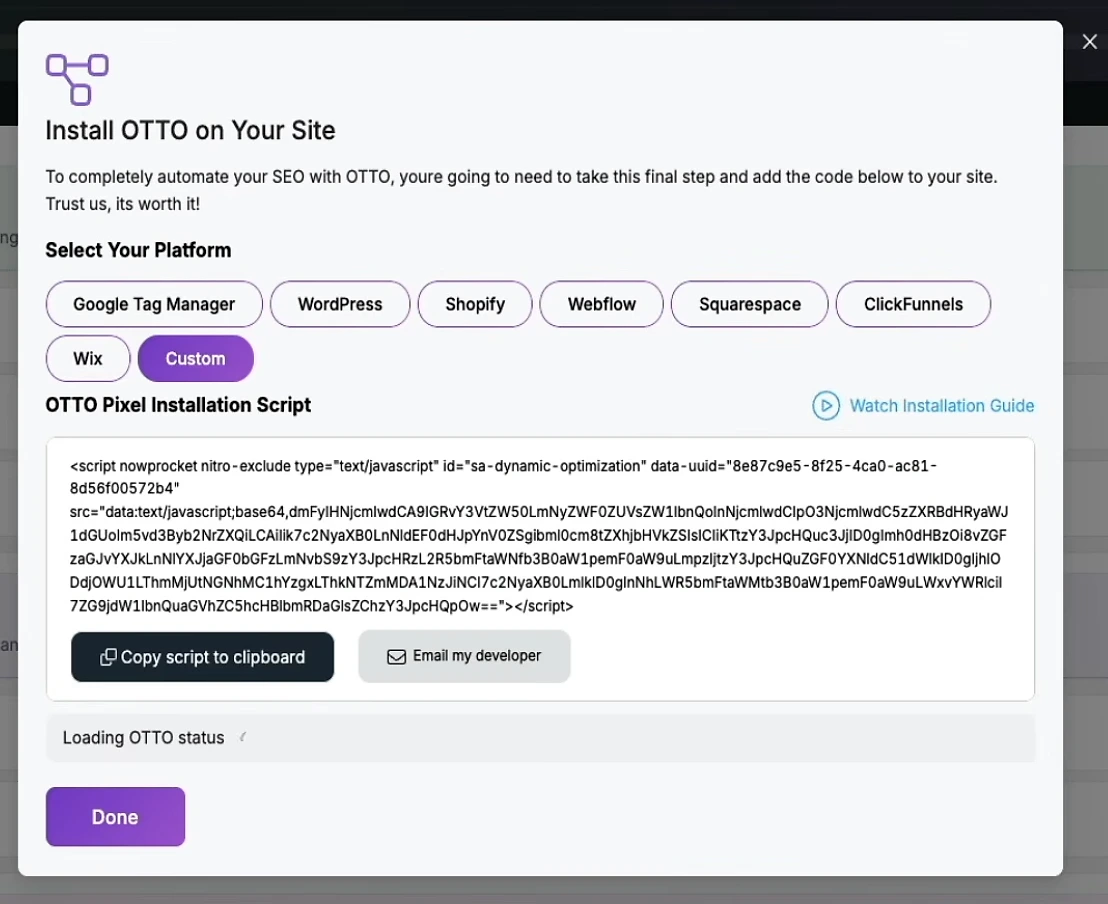 Installing the OTTO SEO pixel script in Search Atlas