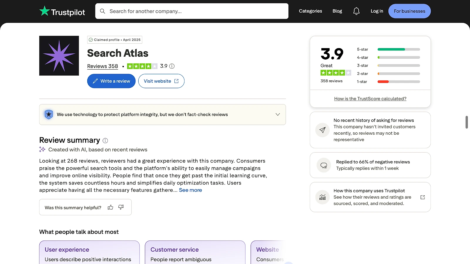 Search Atlas rated 3.9 from 358 reviews on Trustpilot