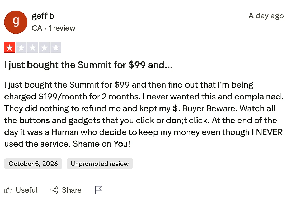A one-star Search Atlas review on Trustpilot