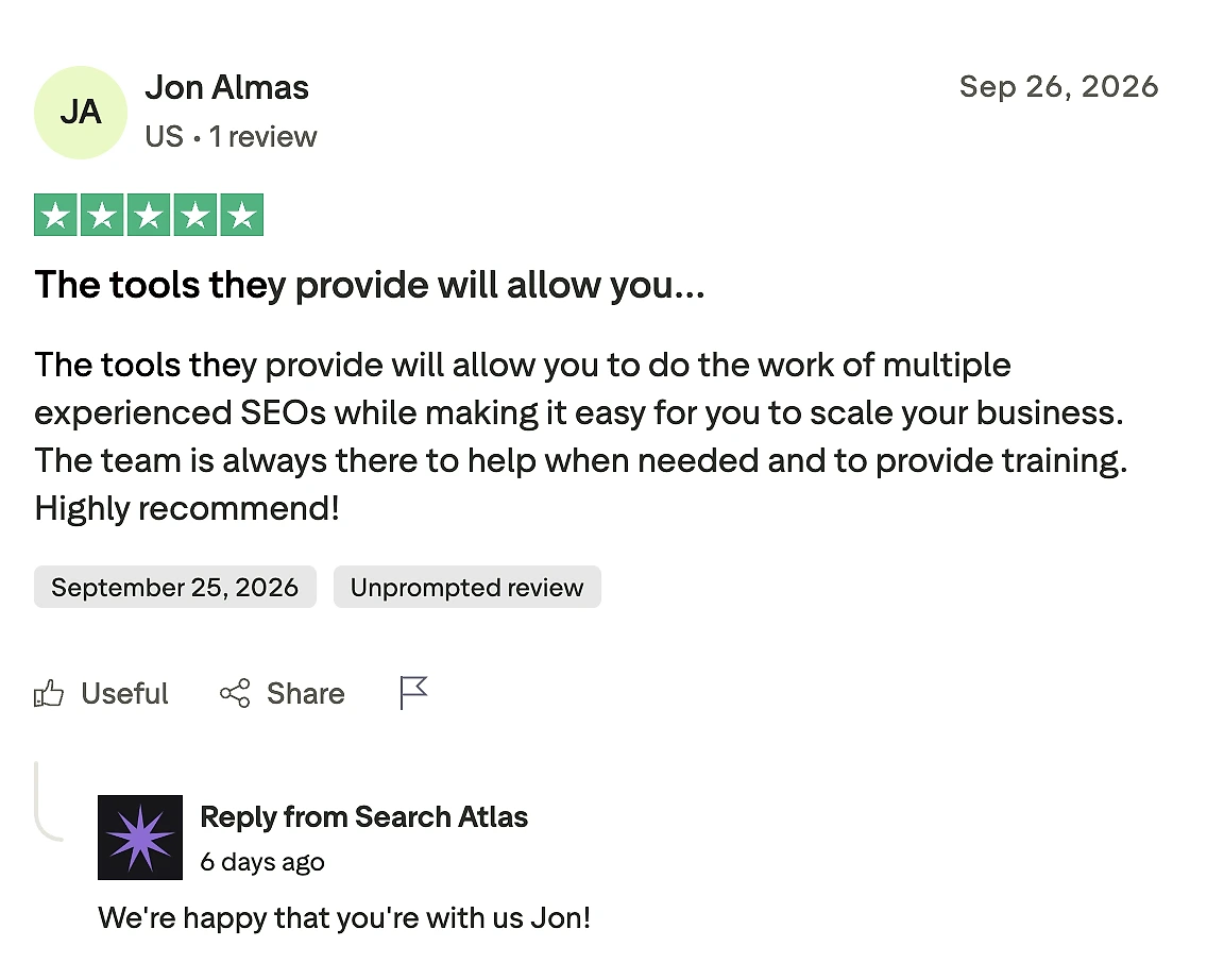 A five-star Search Atlas review on Trustpilot